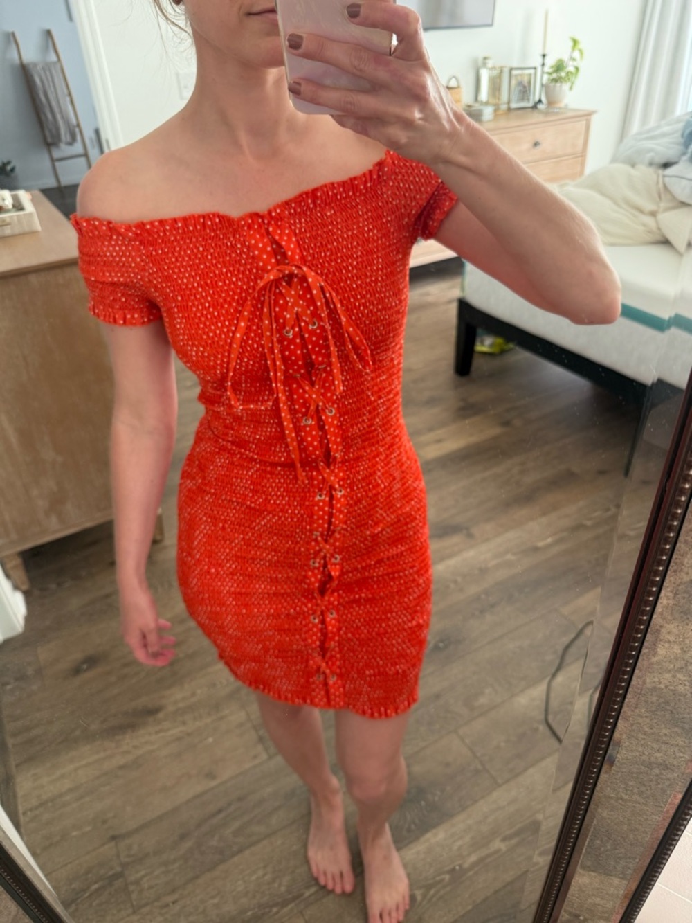 Red Off-Shoulder Smocked Midi Dress